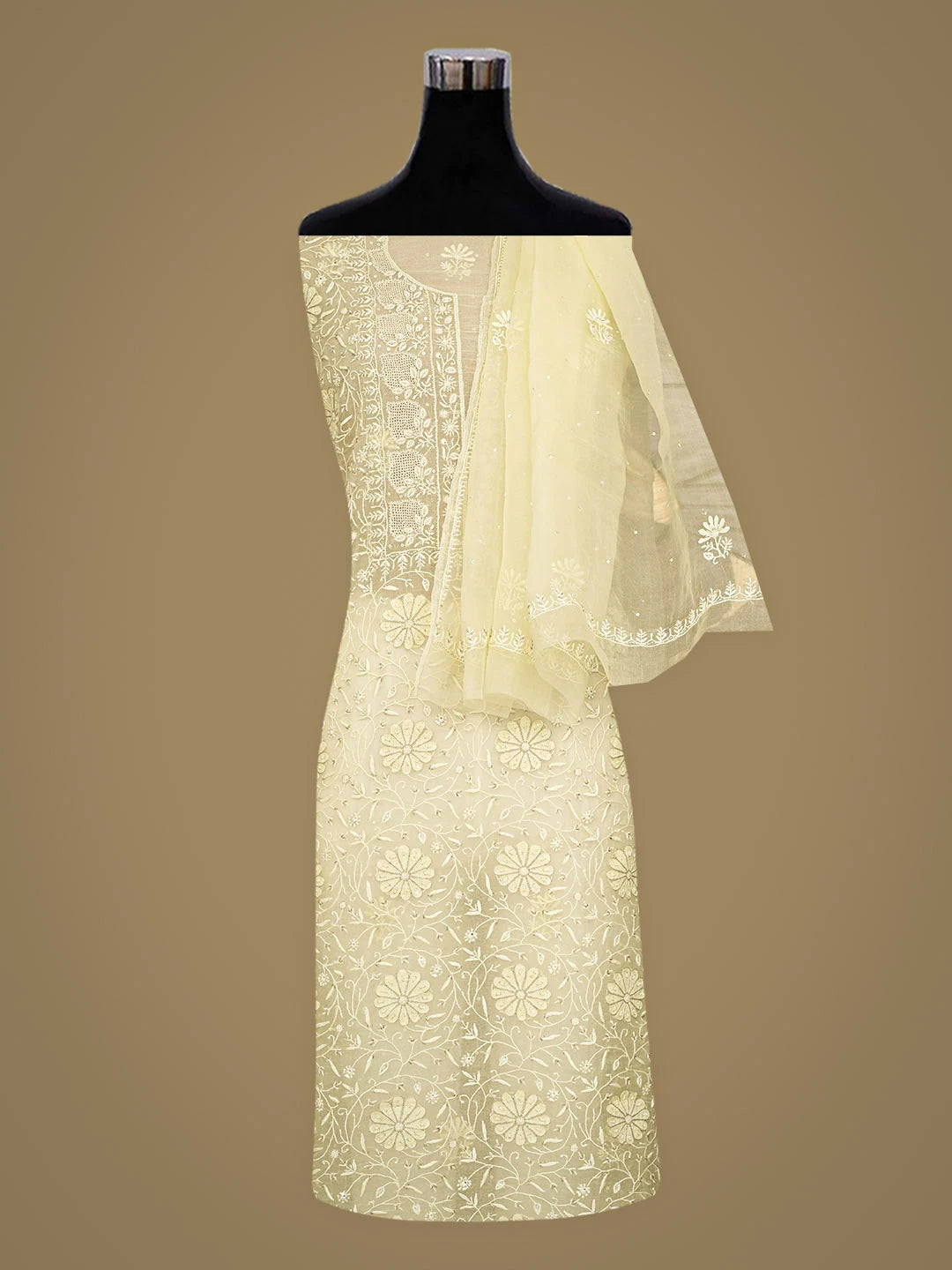 Ada Hand Embroidered Lemon Organza Lucknowi Chikankari Semi-Stitched Kurta Dupatta Set With Zari Taar Work 01A923437