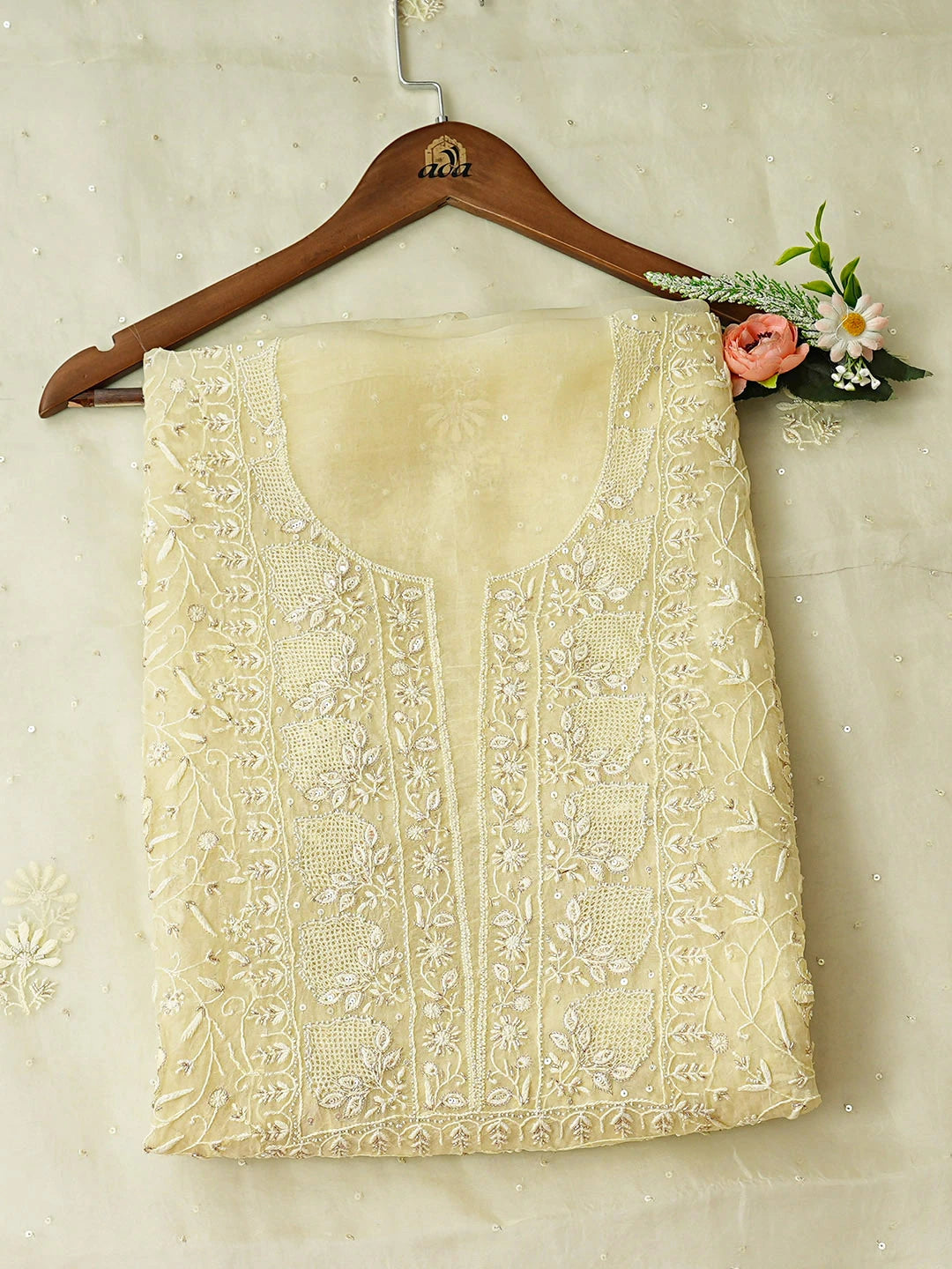 Ada Hand Embroidered Lemon Organza Lucknowi Chikankari Semi-Stitched Kurta Dupatta Set With Zari Taar Work 01A923437