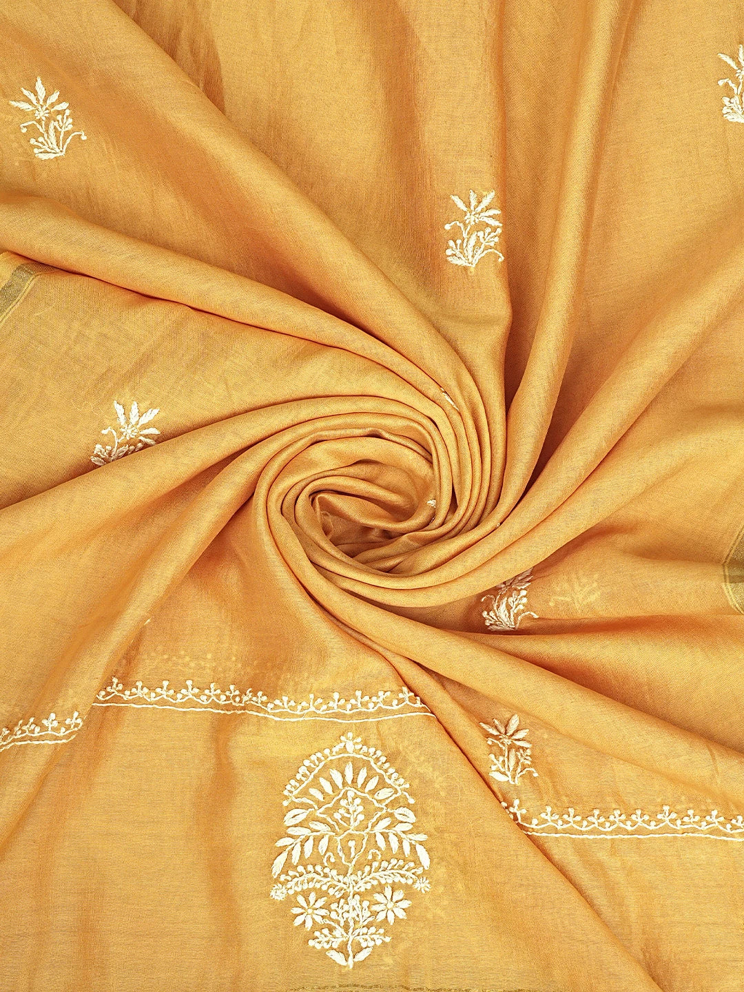 Ada Hand Embroidered Mustard Chanderi Lucknowi Chikankari Unstitched Kurta Dupatta Set 01A816623