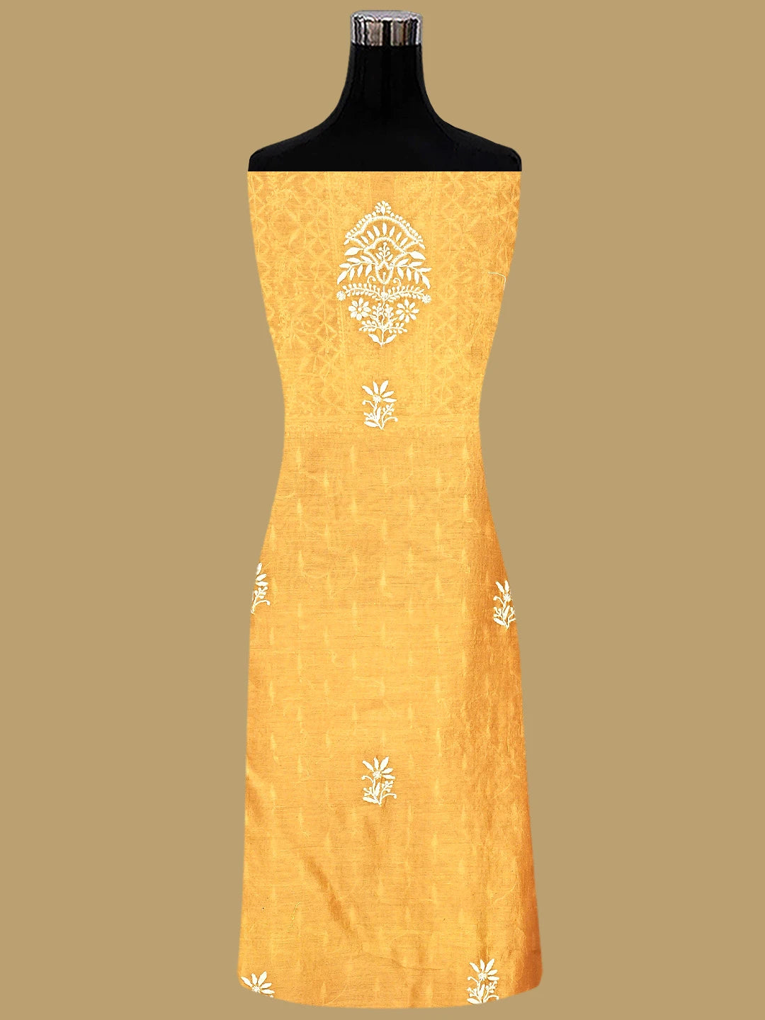 Ada Hand Embroidered Mustard Chanderi Lucknowi Chikankari Unstitched Kurta Dupatta Set 01A816623