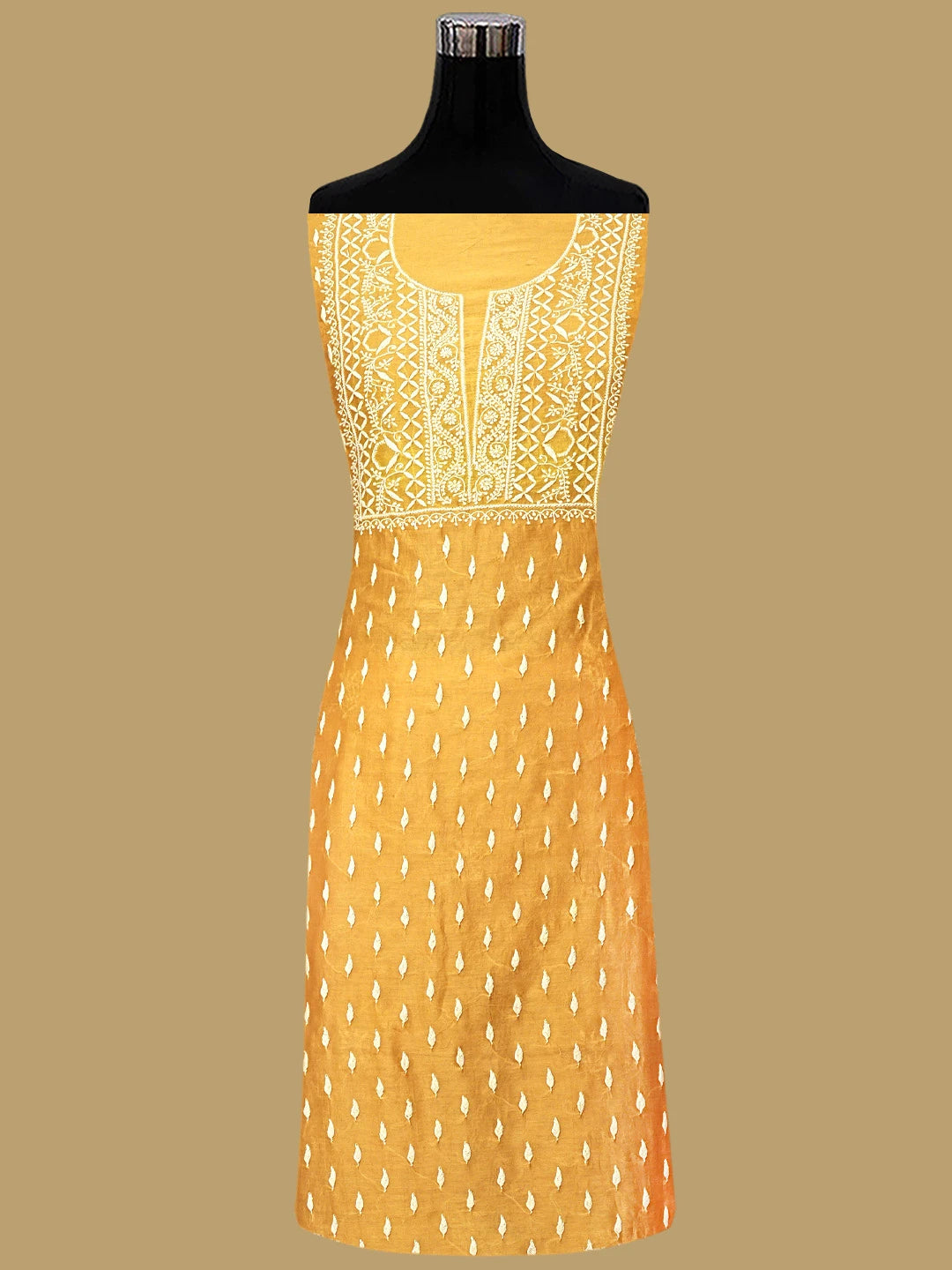 Ada Hand Embroidered Mustard Chanderi Lucknowi Chikankari Unstitched Kurta Dupatta Set 01A816623