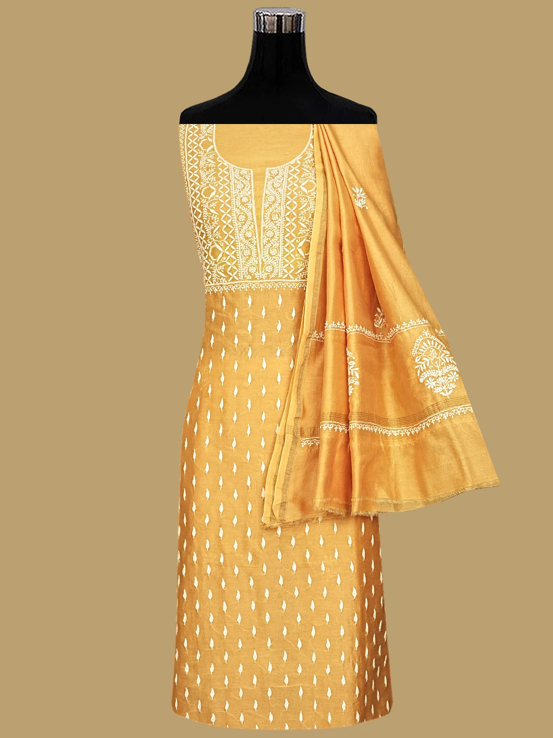 Ada Hand Embroidered Mustard Chanderi Lucknowi Chikankari Unstitched Kurta Dupatta Set 01A816623