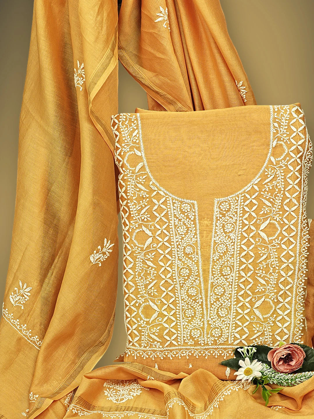Ada Hand Embroidered Mustard Chanderi Lucknowi Chikankari Unstitched Kurta Dupatta Set 01A816623