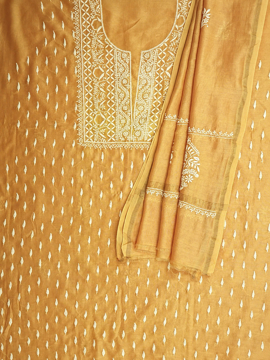 Ada Hand Embroidered Mustard Chanderi Lucknowi Chikankari Unstitched Kurta Dupatta Set 01A816623
