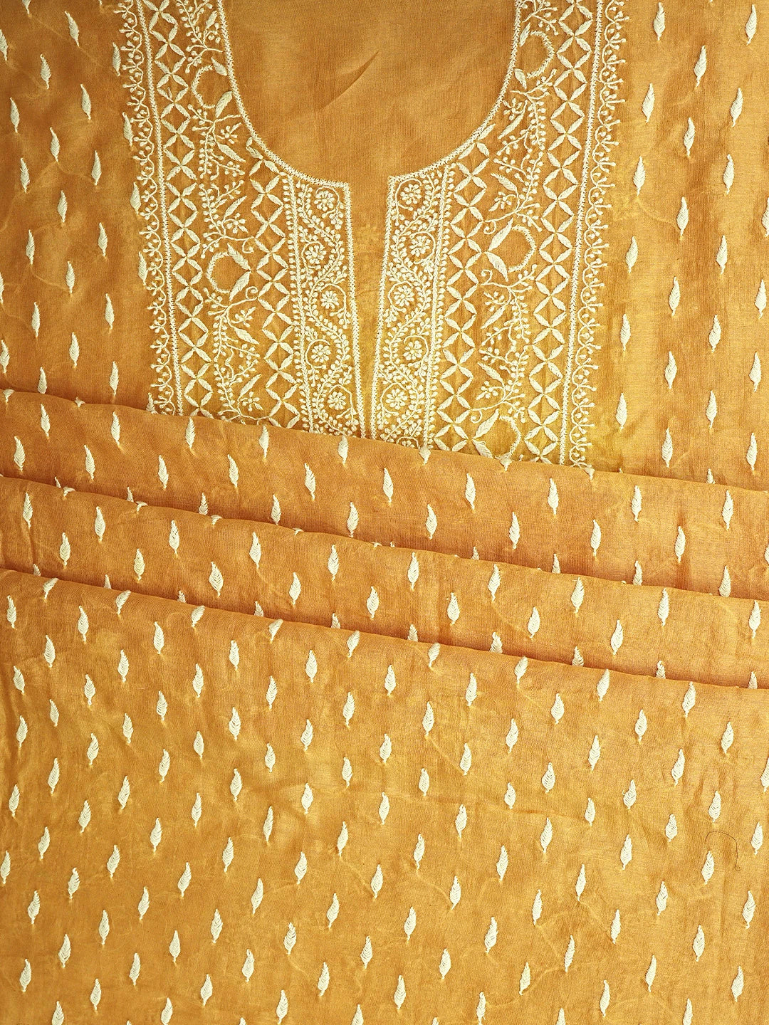 Ada Hand Embroidered Mustard Chanderi Lucknowi Chikankari Unstitched Kurta Dupatta Set 01A816623