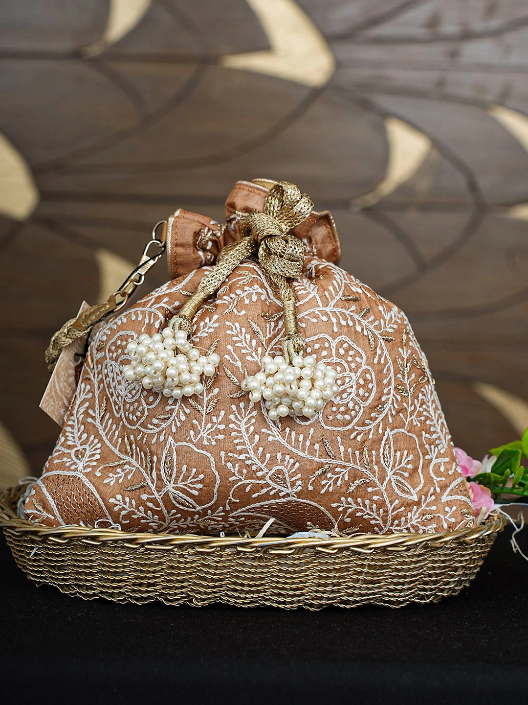 Ada Hand Embroidered Brown Silk Lucknowi Chikankari Potli Bag With Zari Work 01A924405