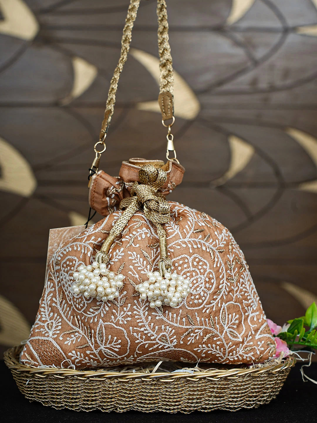 Ada Hand Embroidered Brown Silk Lucknowi Chikankari Potli Bag With Zari Work 01A924405