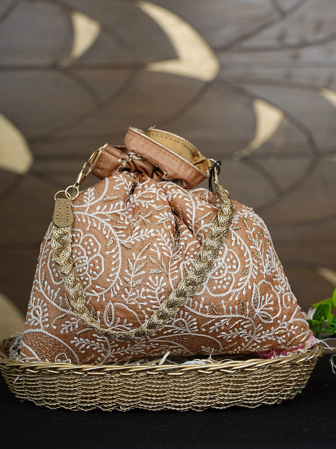 Ada Hand Embroidered Brown Silk Lucknowi Chikankari Potli Bag With Zari Work 01A924405
