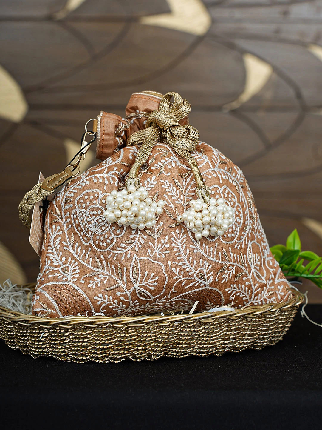 Ada Hand Embroidered Brown Silk Lucknowi Chikankari Potli Bag With Zari Work 01A924405
