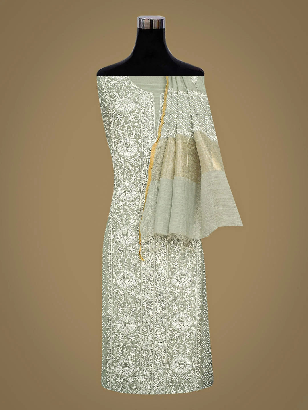 Ada Hand Embroidered Grey Chanderi Lucknowi Chikankari Semi-Stitched Kurta Dupatta Set With Cutdana Work 01A935422
