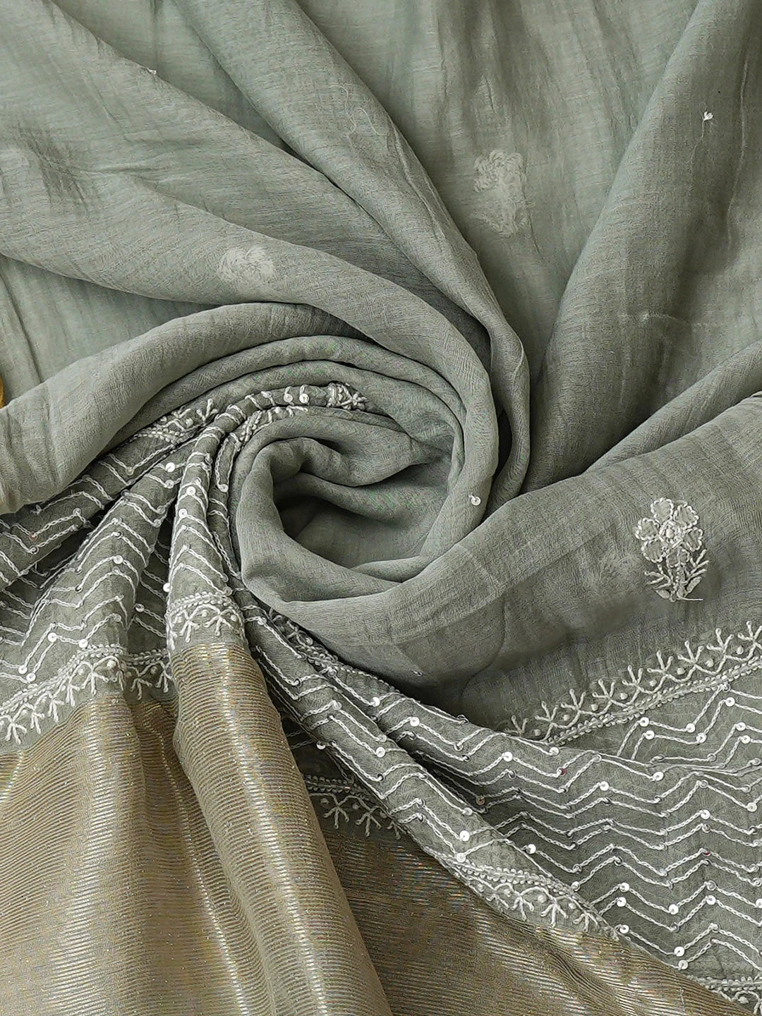 Ada Hand Embroidered Grey Chanderi Lucknowi Chikankari Semi-Stitched Kurta Dupatta Set With Cutdana Work 01A935422