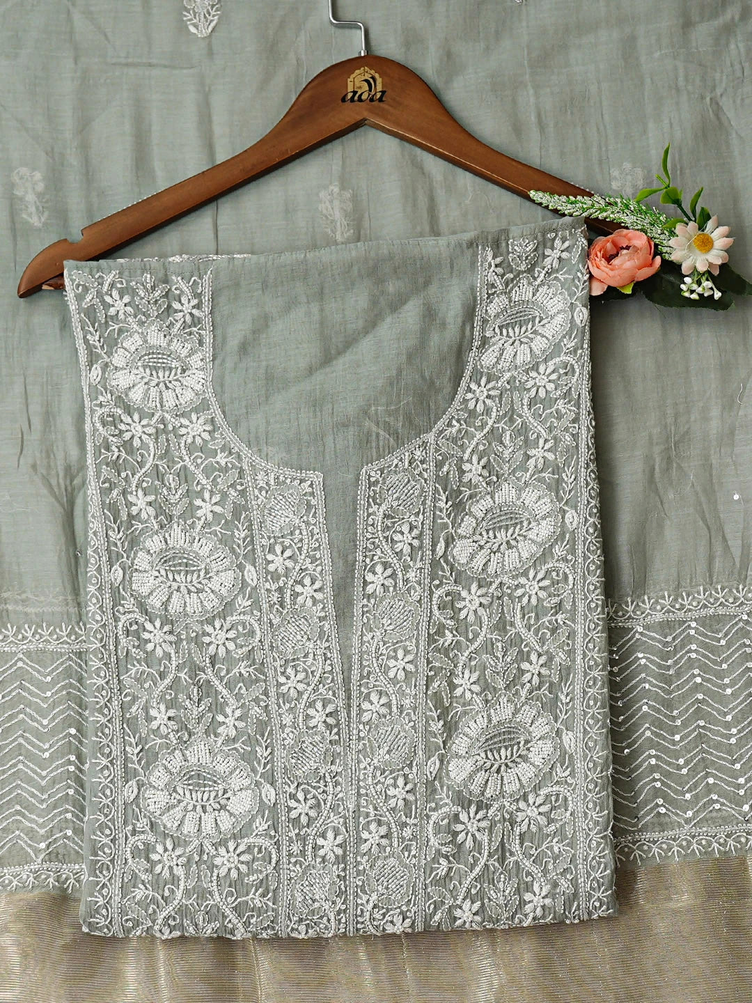 Ada Hand Embroidered Grey Chanderi Lucknowi Chikankari Semi-Stitched Kurta Dupatta Set With Cutdana Work 01A935422