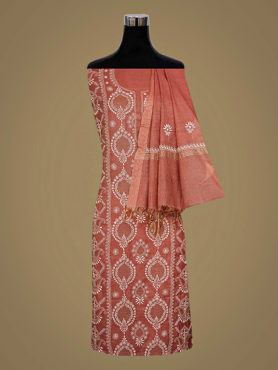 Ada Hand Embroidered Dusty Peach Tissue Lucknowi Chikankari Unstitched Kurta Dupatta Set With Zari Taar Work 01A935243
