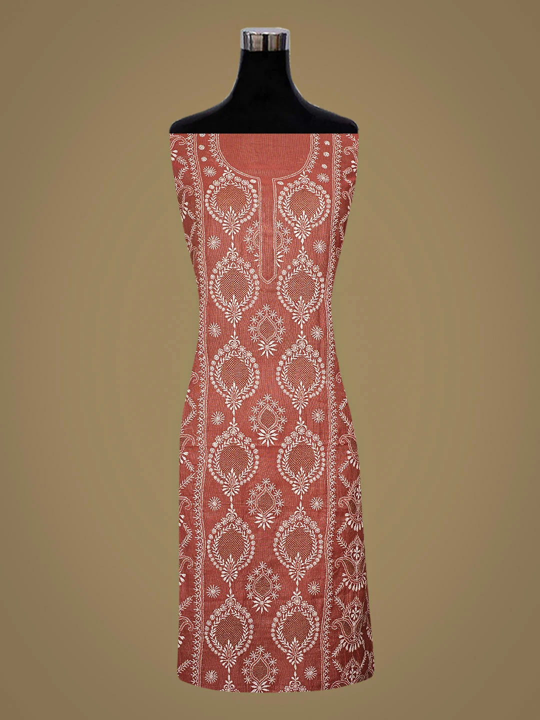 Ada Hand Embroidered Dusty Peach Tissue Lucknowi Chikankari Unstitched Kurta Dupatta Set With Zari Taar Work 01A935243