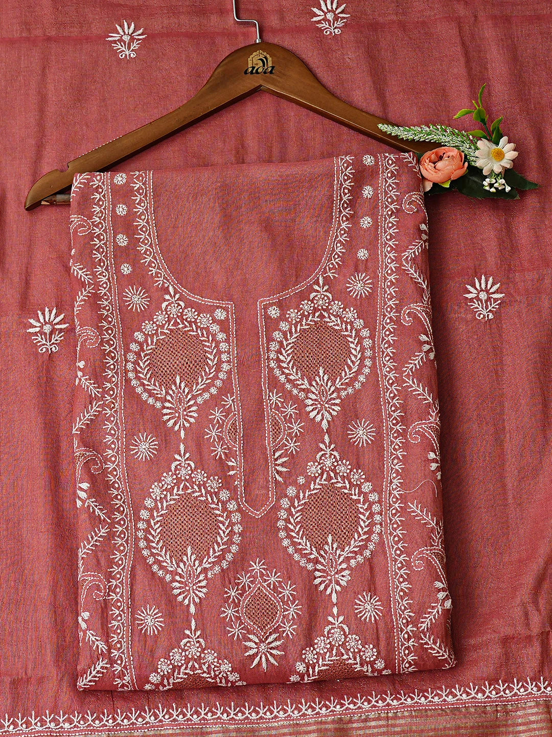 Ada Hand Embroidered Dusty Peach Tissue Lucknowi Chikankari Unstitched Kurta Dupatta Set With Zari Taar Work 01A935243