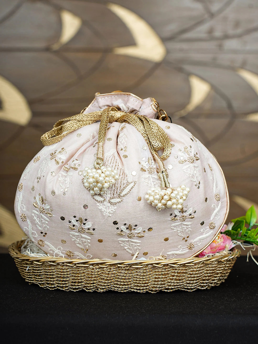 Ada Hand Embroidered Dusty Pink Silk Lucknowi Chikankari Potli Bag With Zari Work 01A933497