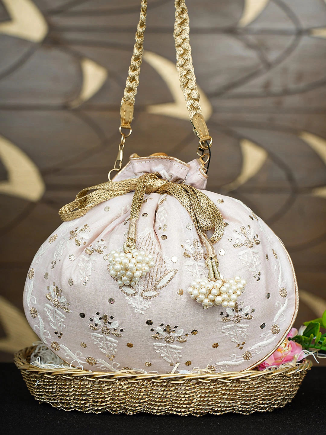 Ada Hand Embroidered Dusty Pink Silk Lucknowi Chikankari Potli Bag With Zari Work 01A933497