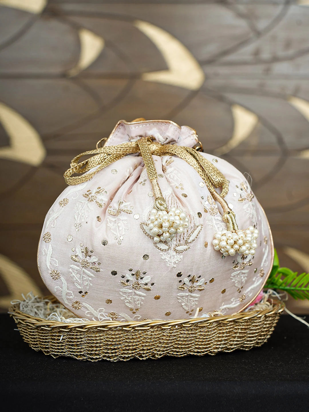 Ada Hand Embroidered Dusty Pink Silk Lucknowi Chikankari Potli Bag With Zari Work 01A933497