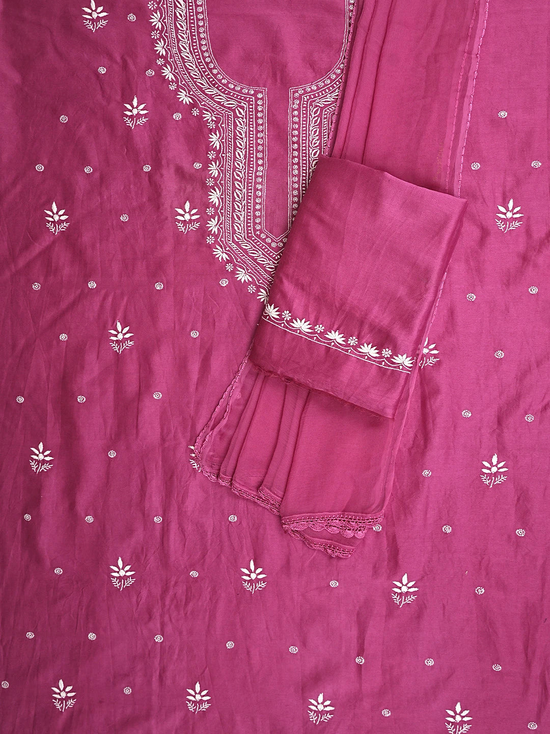 Ada Hand Embroidered Magenta Chanderi Lucknowi Chikankari Unstitched Suit Piece 01A805667