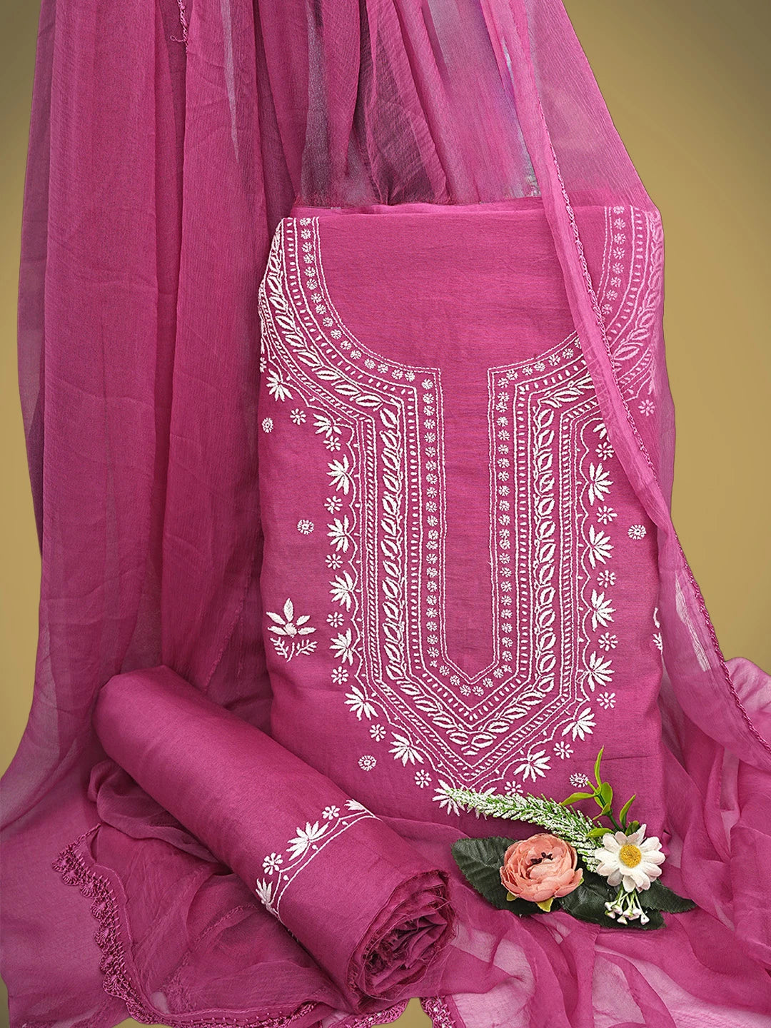 Ada Hand Embroidered Magenta Chanderi Lucknowi Chikankari Unstitched Suit Piece 01A805667