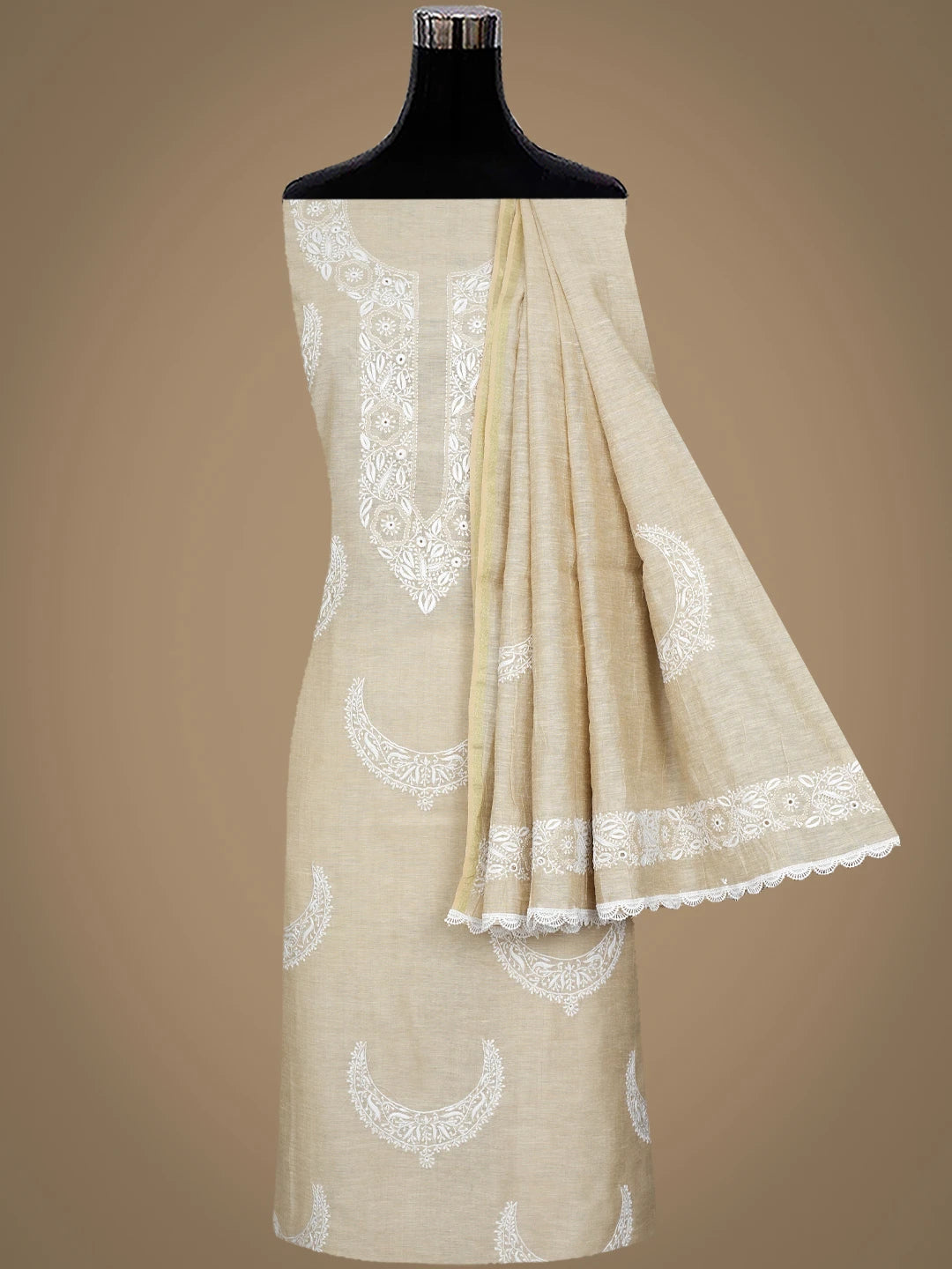 Ada Hand Embroidered Fawn Khadi Chanderi Lucknowi Chikankari Unstitched Kurta Dupatta Set 01A937457