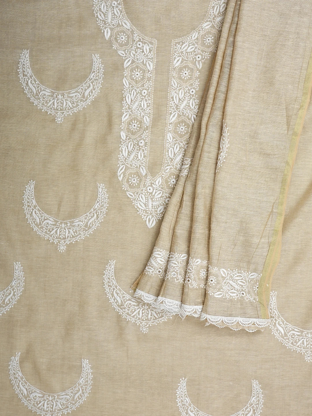 Ada Hand Embroidered Fawn Khadi Chanderi Lucknowi Chikankari Unstitched Kurta Dupatta Set 01A937457