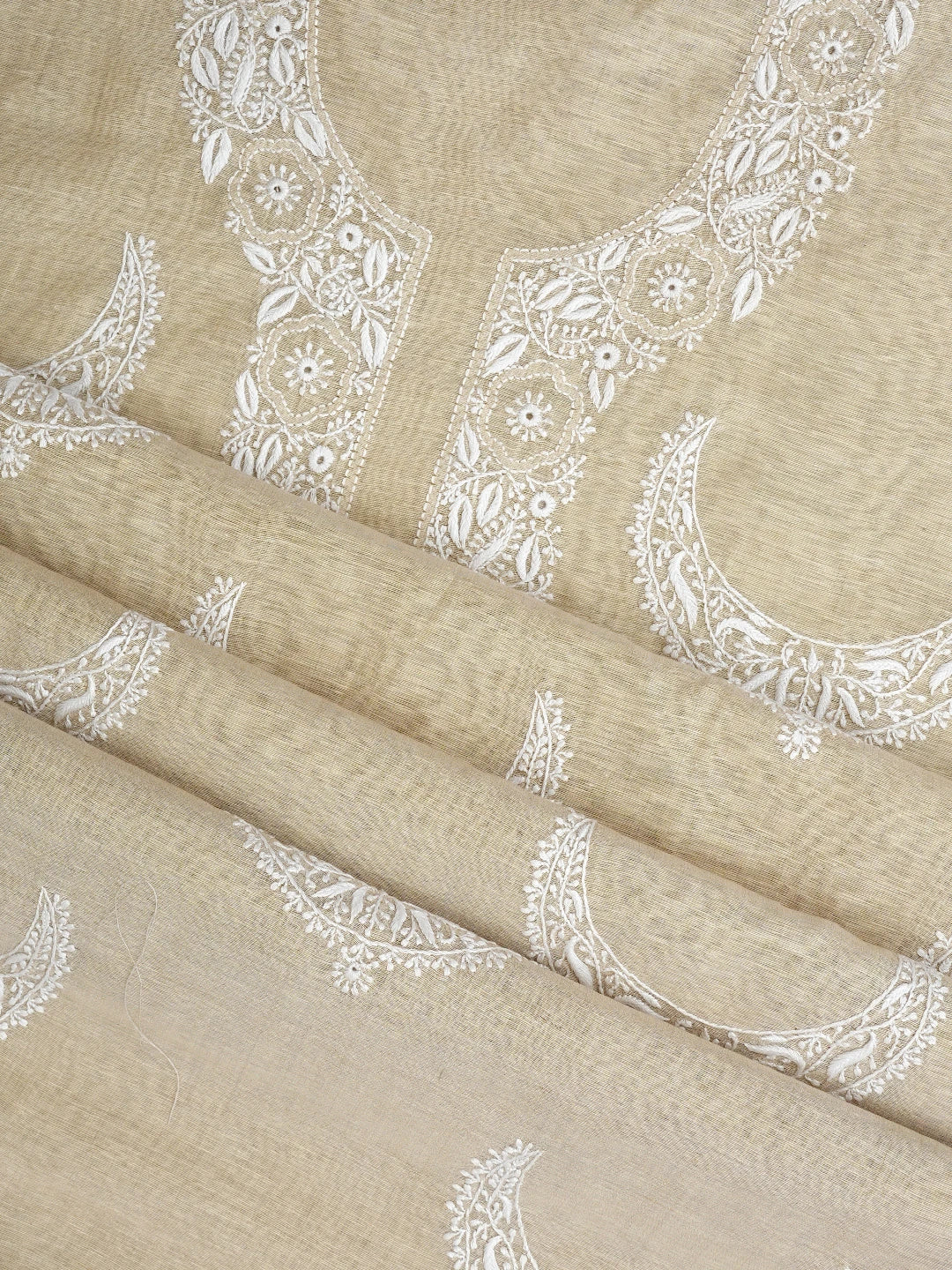 Ada Hand Embroidered Fawn Khadi Chanderi Lucknowi Chikankari Unstitched Kurta Dupatta Set 01A937457