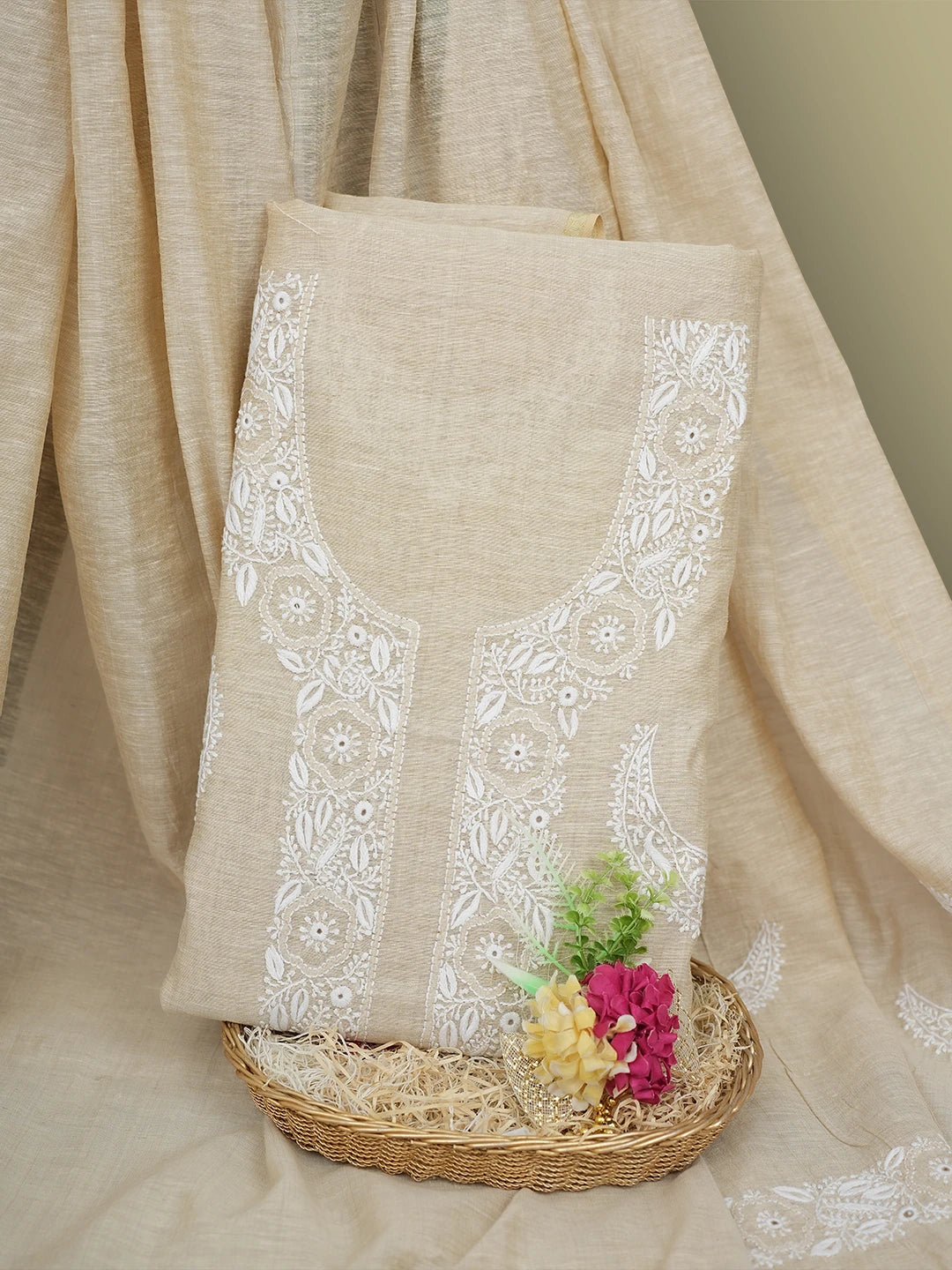 Ada Hand Embroidered Fawn Khadi Chanderi Lucknowi Chikankari Unstitched Kurta Dupatta Set 01A937457