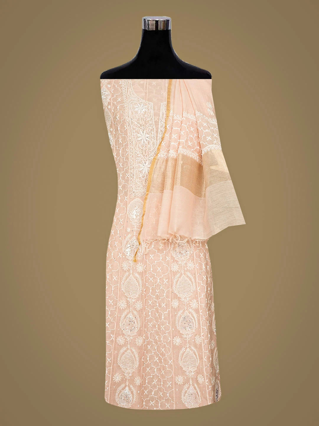 Ada Hand Embroidered Peach Chanderi Lucknowi Chikankari Semi-Stitched Anarkali Kurta Dupatta Set With Cutdana Work 01A935274