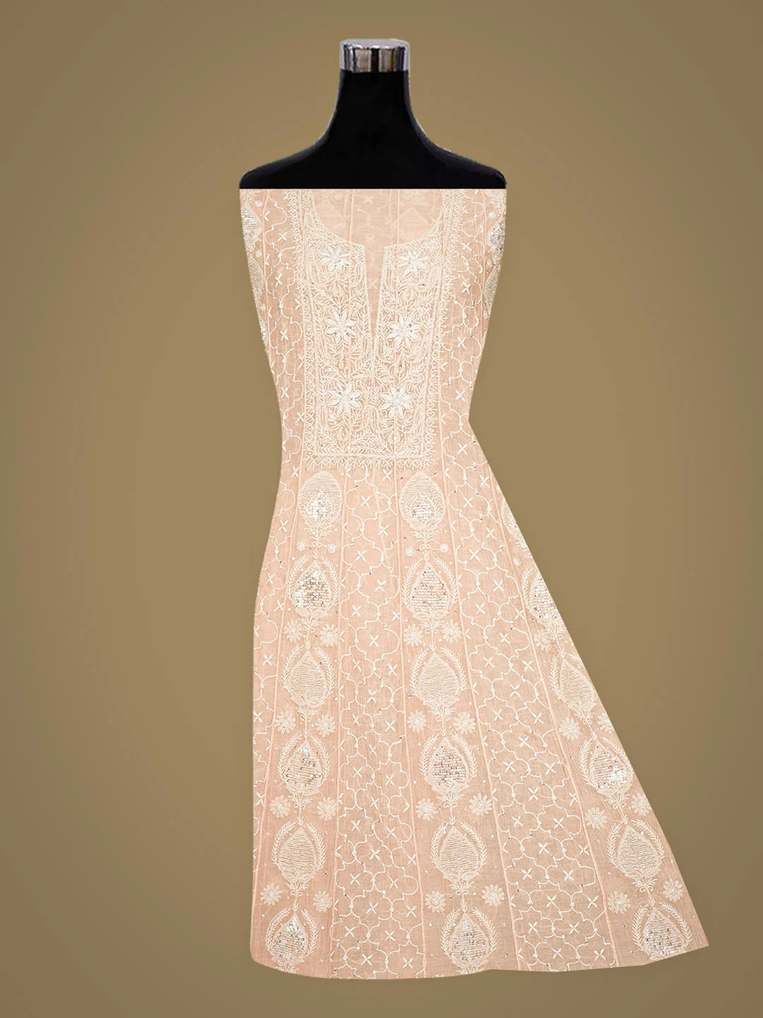 Ada Hand Embroidered Peach Chanderi Lucknowi Chikankari Semi-Stitched Anarkali Kurta Dupatta Set With Cutdana Work 01A935274