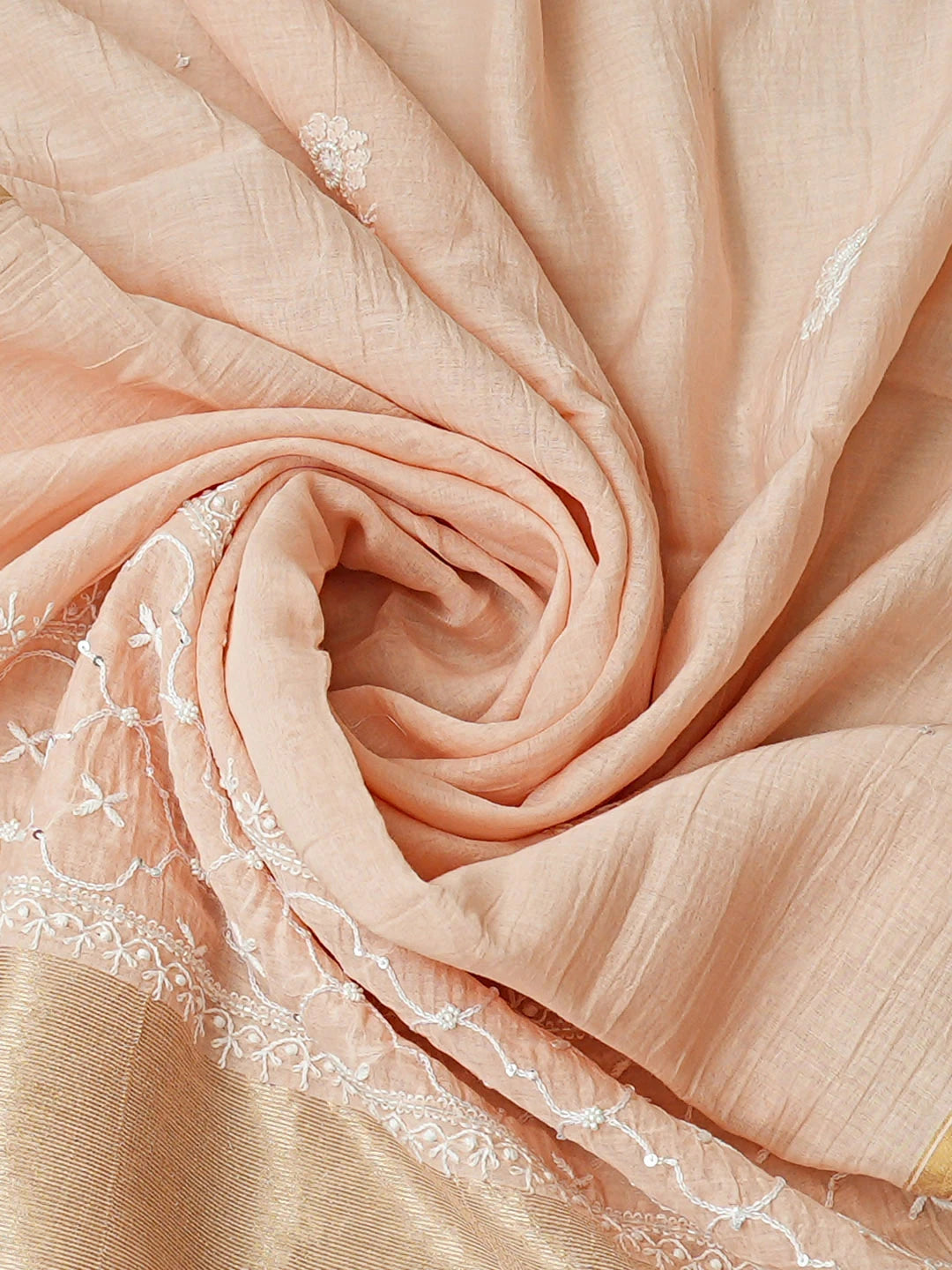 Ada Hand Embroidered Peach Chanderi Lucknowi Chikankari Semi-Stitched Anarkali Kurta Dupatta Set With Cutdana Work 01A935274