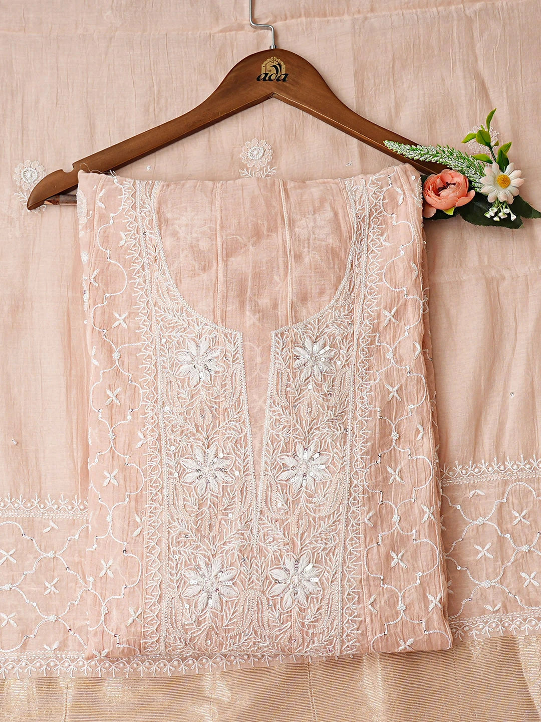 Ada Hand Embroidered Peach Chanderi Lucknowi Chikankari Semi-Stitched Anarkali Kurta Dupatta Set With Cutdana Work 01A935274