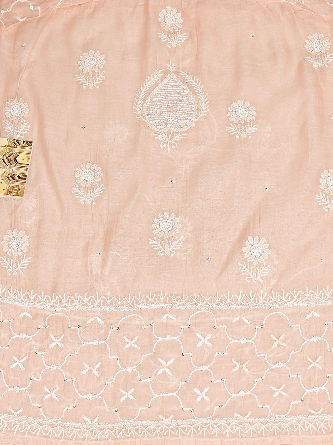 Ada Hand Embroidered Peach Chanderi Lucknowi Chikankari Semi-Stitched Anarkali Kurta Dupatta Set With Cutdana Work 01A935274