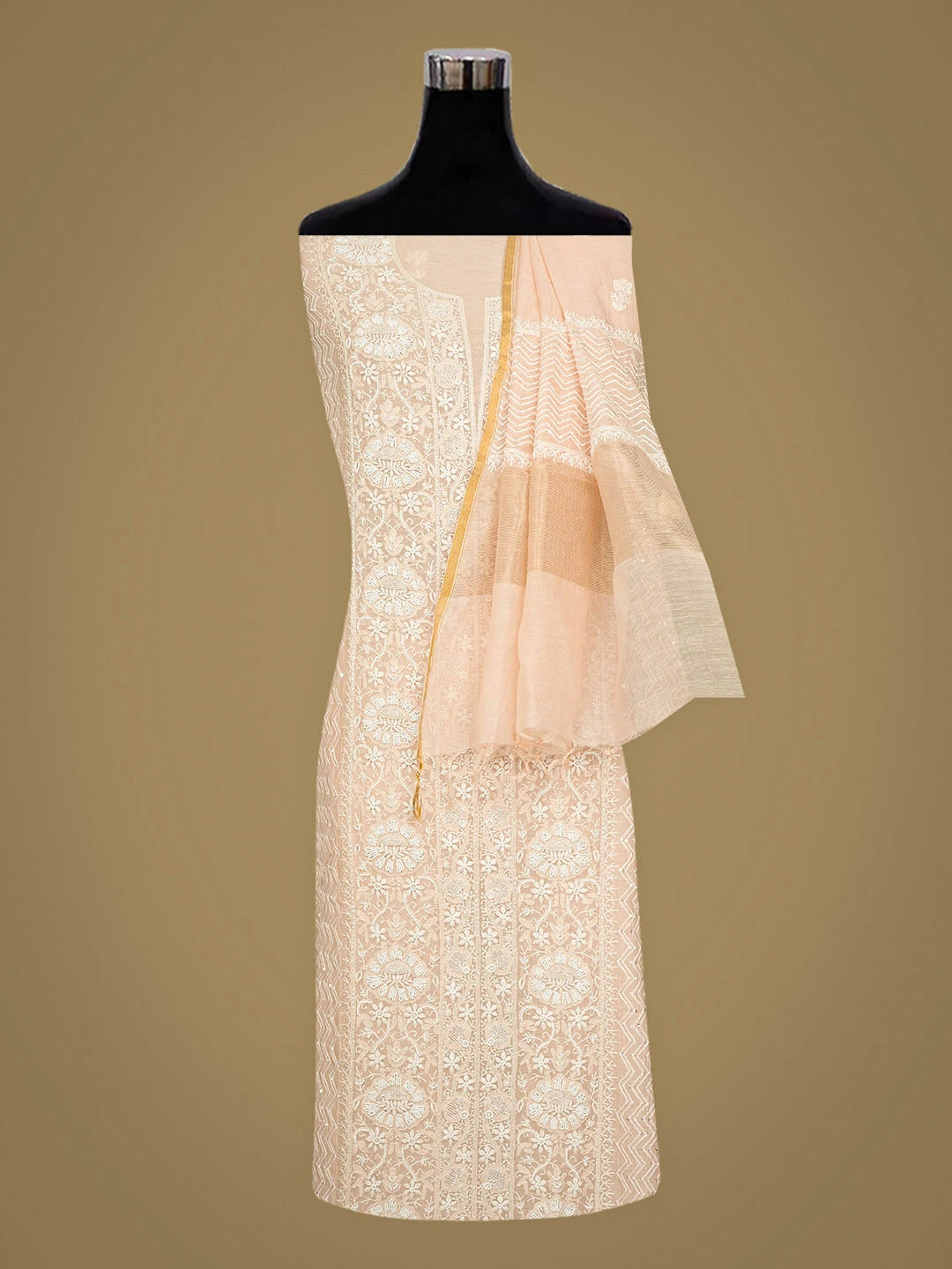 Ada Hand Embroidered Peach Chanderi Lucknowi Chikankari Semi-Stitched Kurta Dupatta Set With Cutdana Work 01A935426