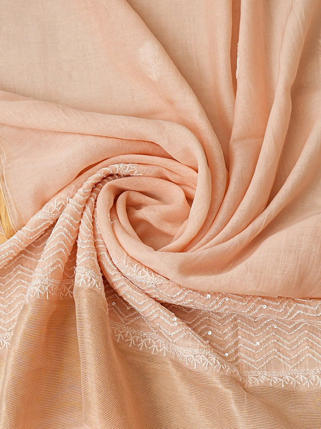 Ada Hand Embroidered Peach Chanderi Lucknowi Chikankari Semi-Stitched Kurta Dupatta Set With Cutdana Work 01A935426