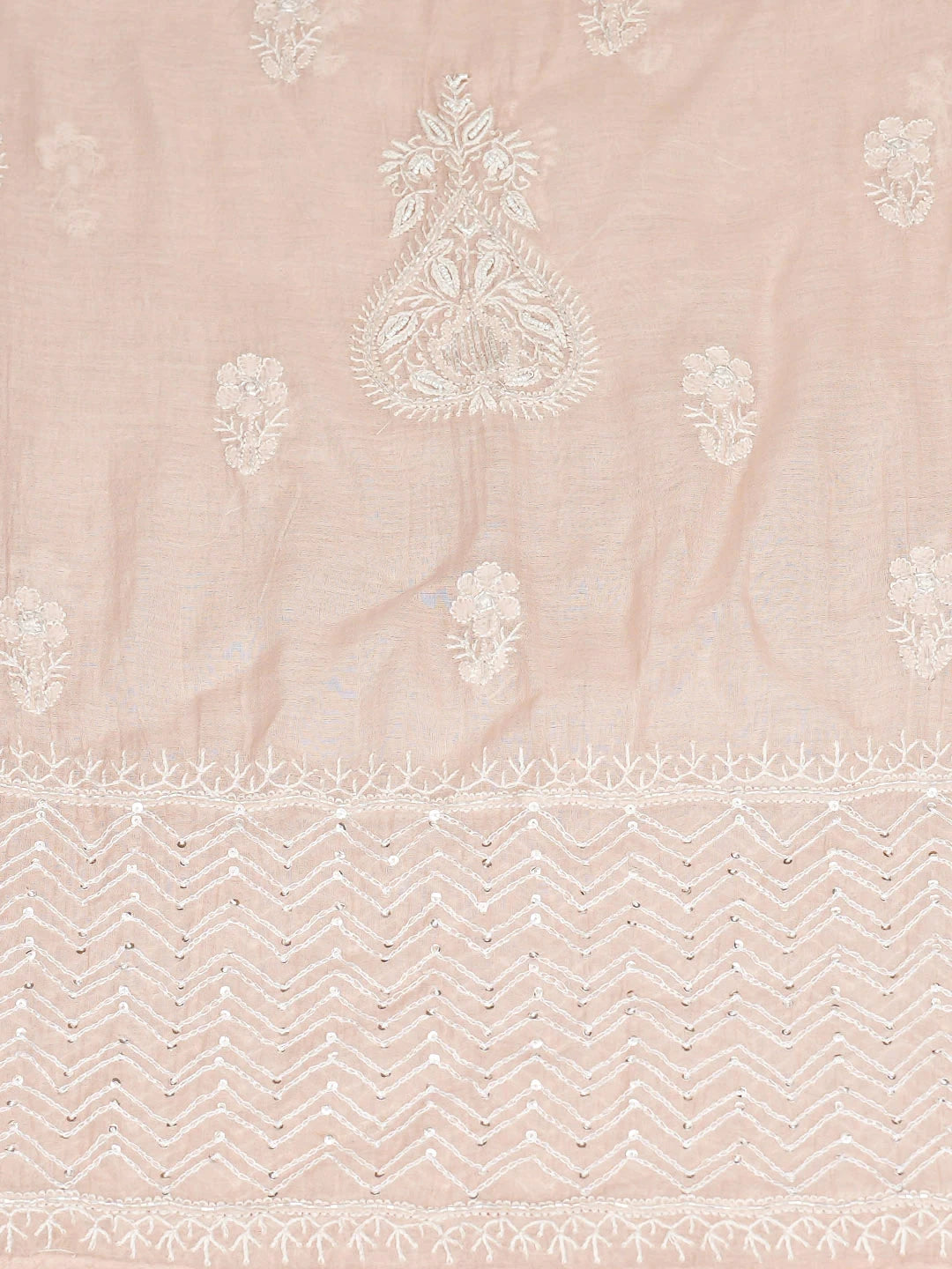 Ada Hand Embroidered Peach Chanderi Lucknowi Chikankari Semi-Stitched Kurta Dupatta Set With Cutdana Work 01A935426