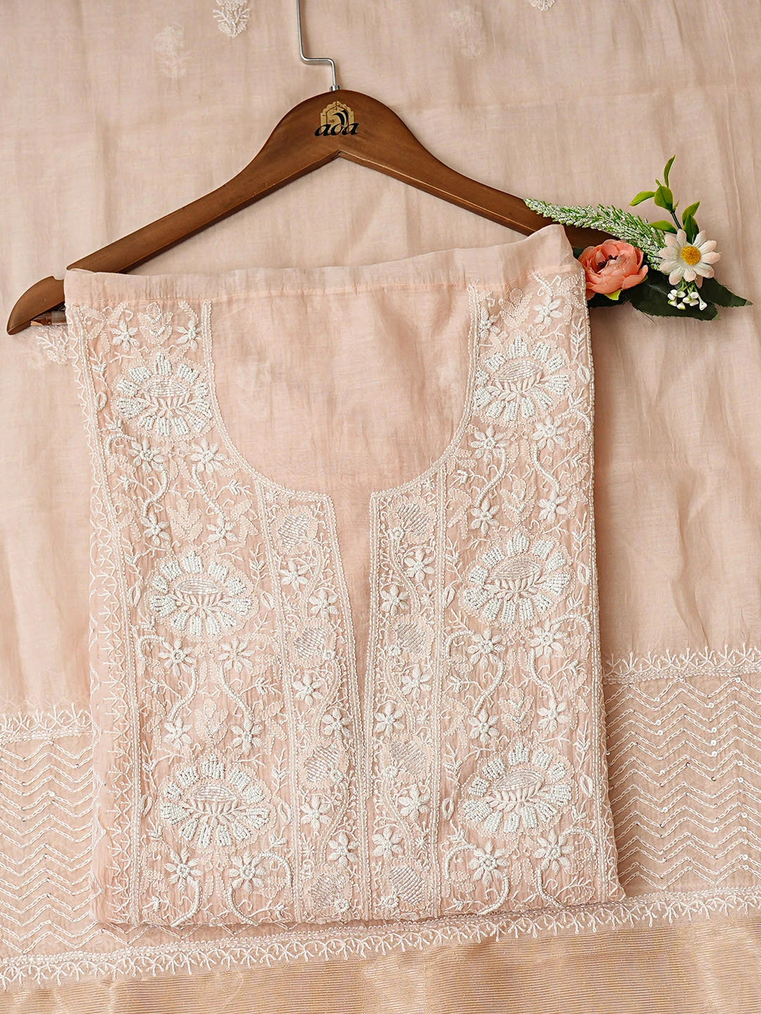 Ada Hand Embroidered Peach Chanderi Lucknowi Chikankari Semi-Stitched Kurta Dupatta Set With Cutdana Work 01A935426