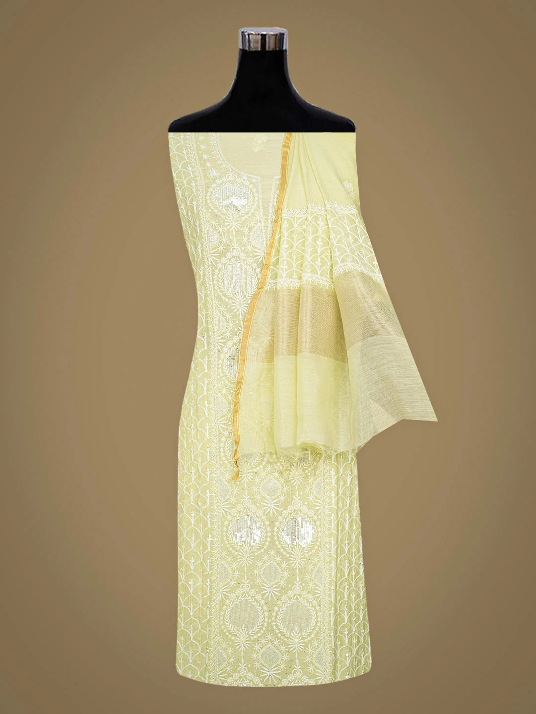 Ada Hand Embroidered Lime Green Chanderi Lucknowi Chikankari Semi-Stitched Kurta Dupatta Set With Cutdana Work 01A935503