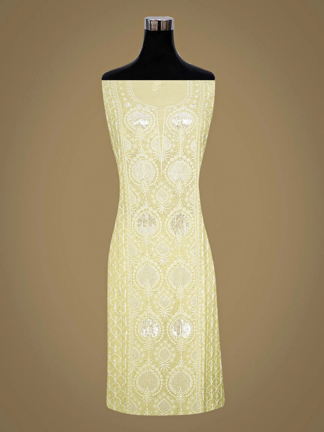 Ada Hand Embroidered Lime Green Chanderi Lucknowi Chikankari Semi-Stitched Kurta Dupatta Set With Cutdana Work 01A935503