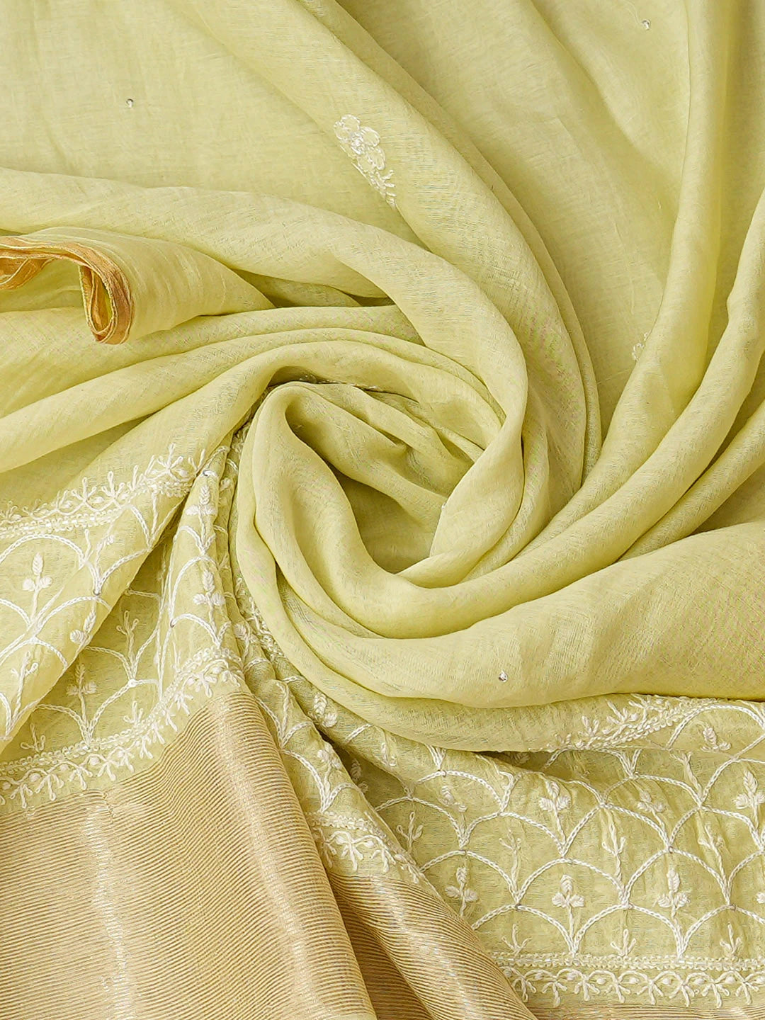 Ada Hand Embroidered Lime Green Chanderi Lucknowi Chikankari Semi-Stitched Kurta Dupatta Set With Cutdana Work 01A935503