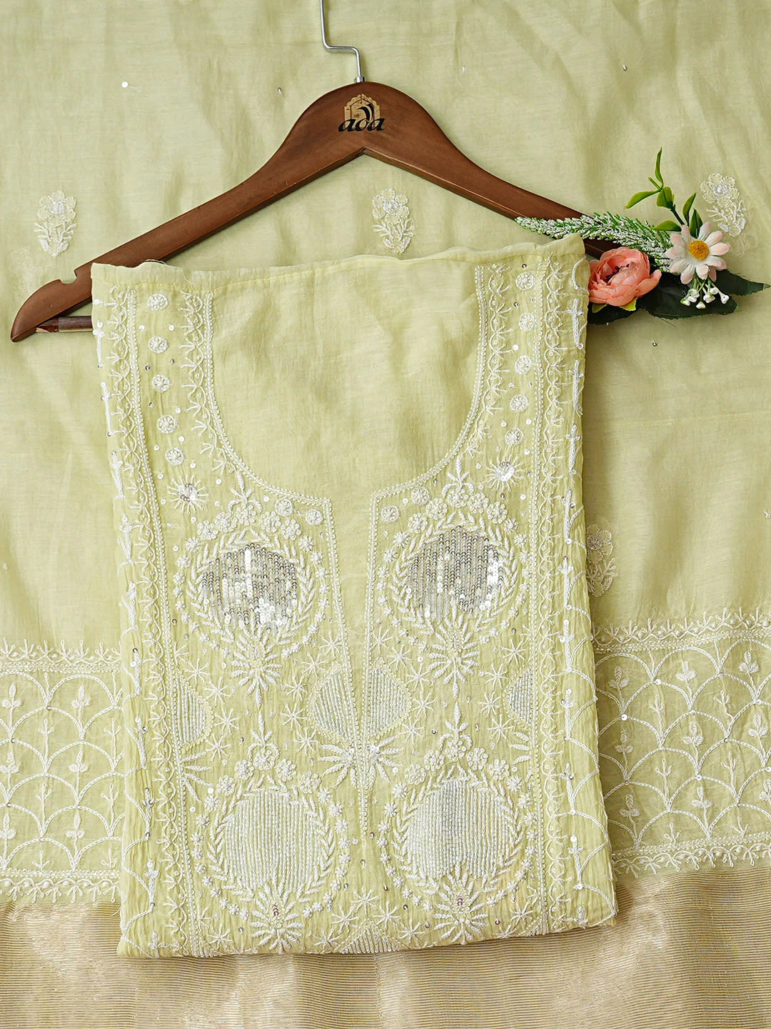 Ada Hand Embroidered Lime Green Chanderi Lucknowi Chikankari Semi-Stitched Kurta Dupatta Set With Cutdana Work 01A935503
