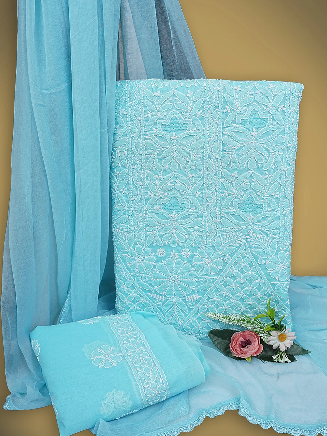 Ada Hand Embroidered Blue Cotton Lucknowi Chikankari Unstitched Suit Piece 01A637151