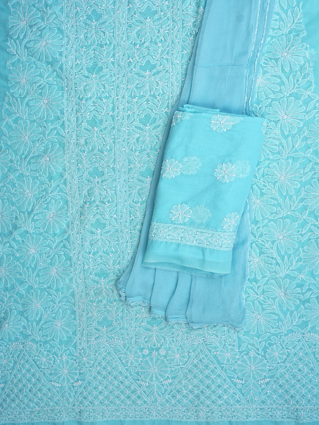 Ada Hand Embroidered Blue Cotton Lucknowi Chikankari Unstitched Suit Piece 01A637151