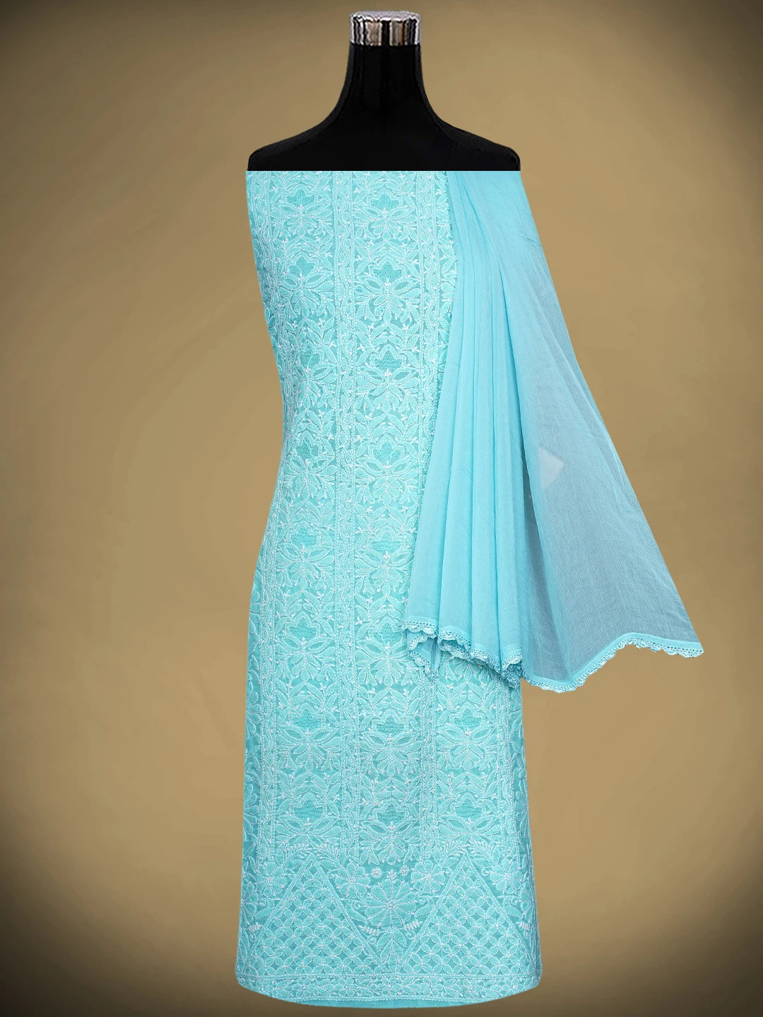 Ada Hand Embroidered Blue Cotton Lucknowi Chikankari Unstitched Suit Piece 01A637151