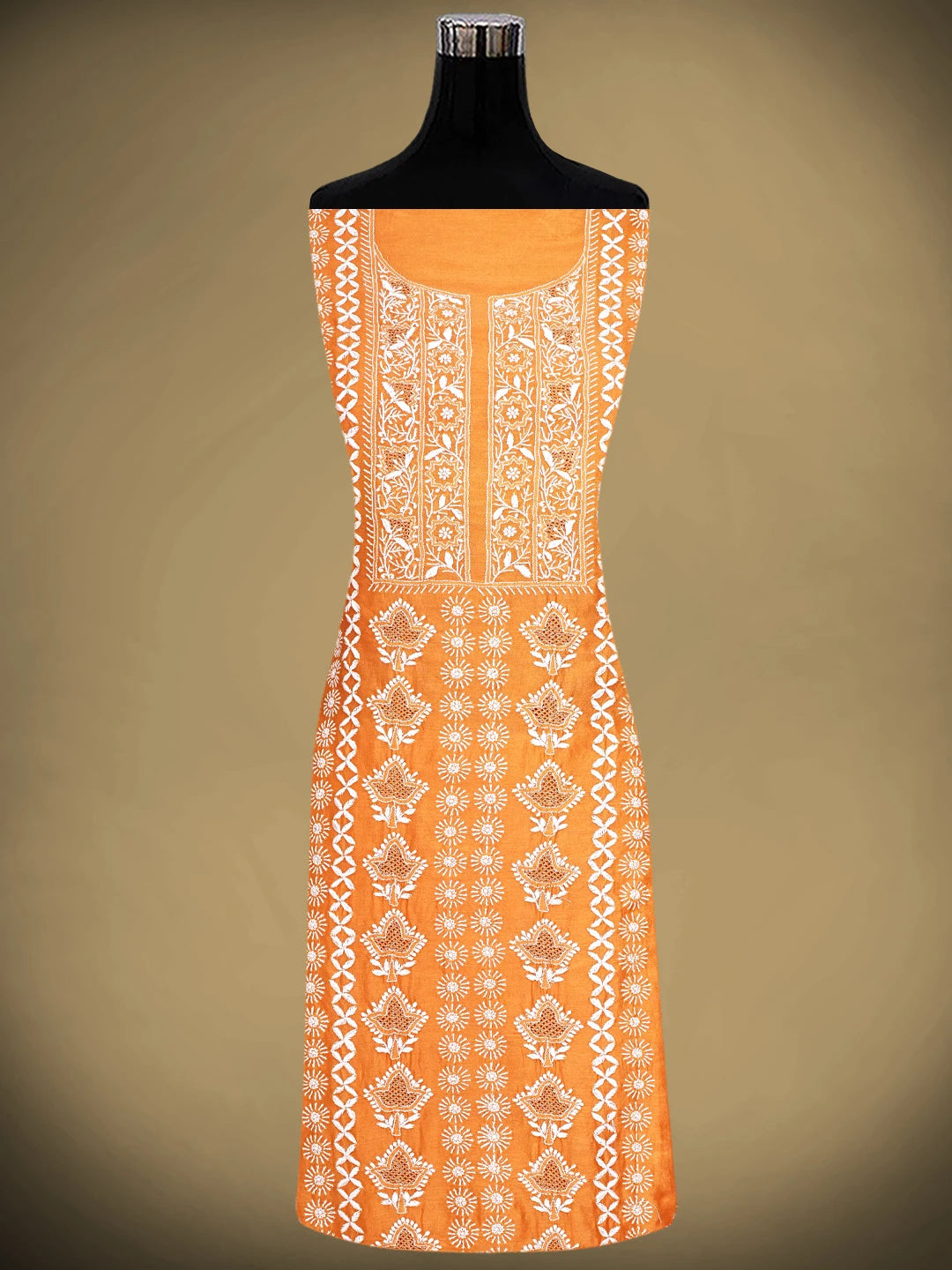 Ada Hand Embroidered Blaze Orange Chanderi Lucknowi Chikankari Unstitched Kurta Dupatta Set With Zari Work  01A747669