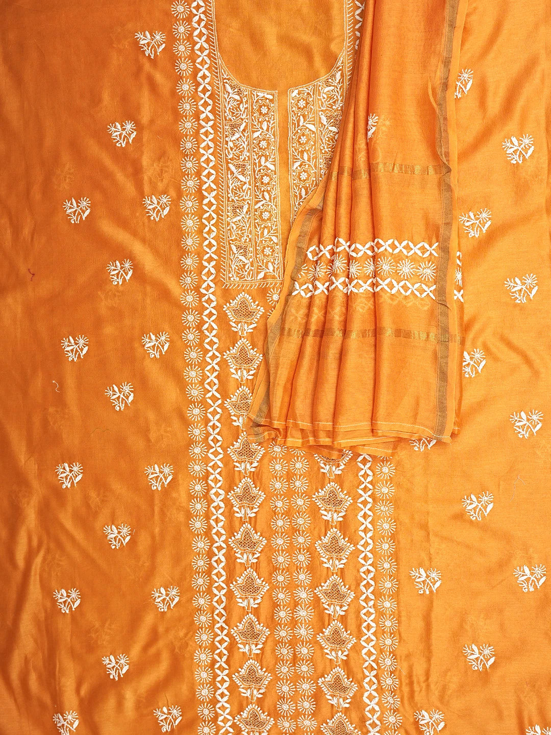 Ada Hand Embroidered Blaze Orange Chanderi Lucknowi Chikankari Unstitched Kurta Dupatta Set With Zari Work  01A747669