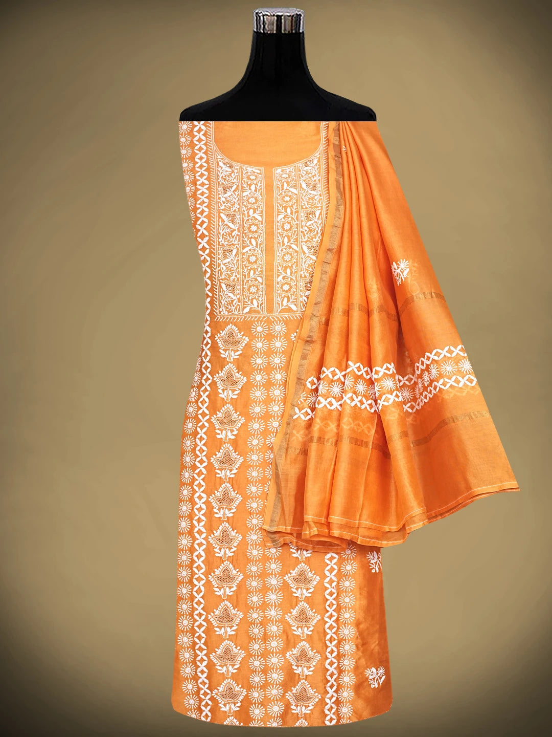 Ada Hand Embroidered Blaze Orange Chanderi Lucknowi Chikankari Unstitched Kurta Dupatta Set With Zari Work  01A747669