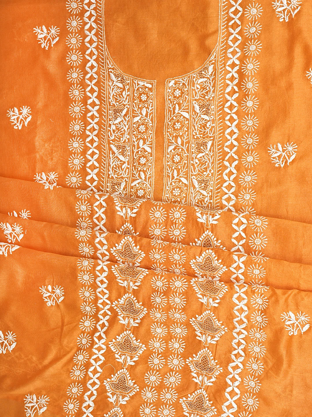 Ada Hand Embroidered Blaze Orange Chanderi Lucknowi Chikankari Unstitched Kurta Dupatta Set With Zari Work  01A747669