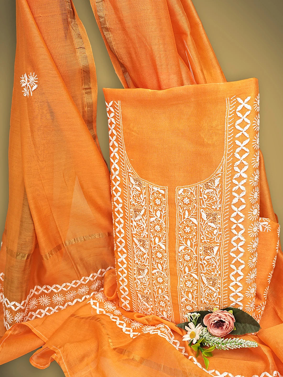 Ada Hand Embroidered Blaze Orange Chanderi Lucknowi Chikankari Unstitched Kurta Dupatta Set With Zari Work  01A747669