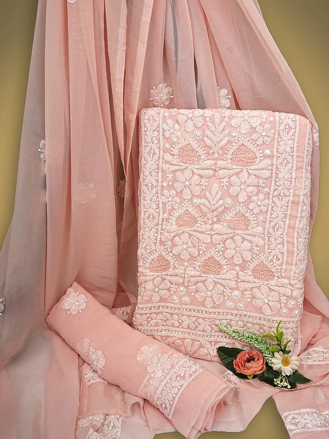 Ada Hand Embroidered Blushing Peach Georgette Lucknowi Chikankari Unstitched Suit Piece 01A835380